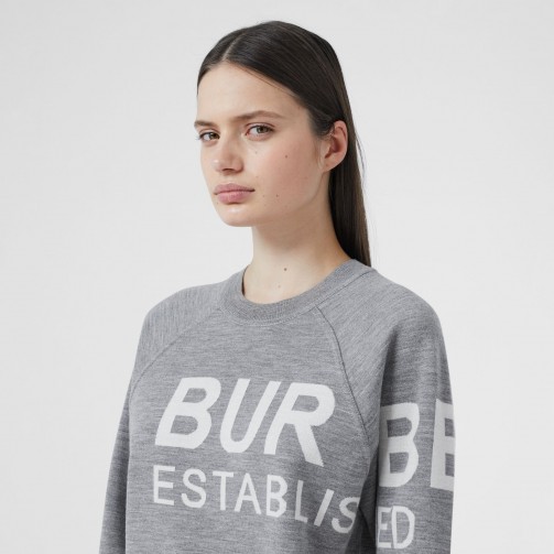 Burberry Horseferry Merino Wool Blend Jacquard Sweater Grey Melange | designer crew neck