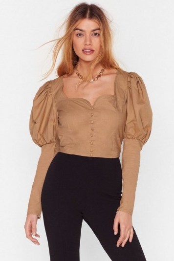 NASTY GAL If It Were Button-Down to Me Cropped Blouse in sand - flipped