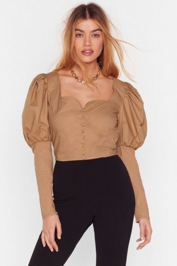 NASTY GAL If It Were Button-Down to Me Cropped Blouse in sand