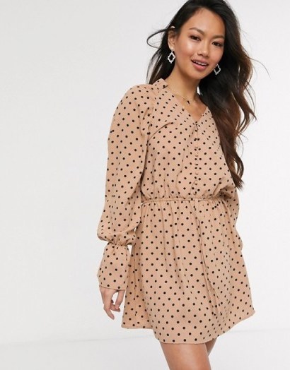 In The Style x Stephsa exclusive frilly button through skater dress in tan polka print - flipped