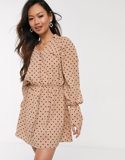 In The Style x Stephsa exclusive frilly button through skater dress in tan polka print