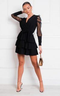 IKRUSH Laurenza Sheer Sleeve Dress in Black | LBD