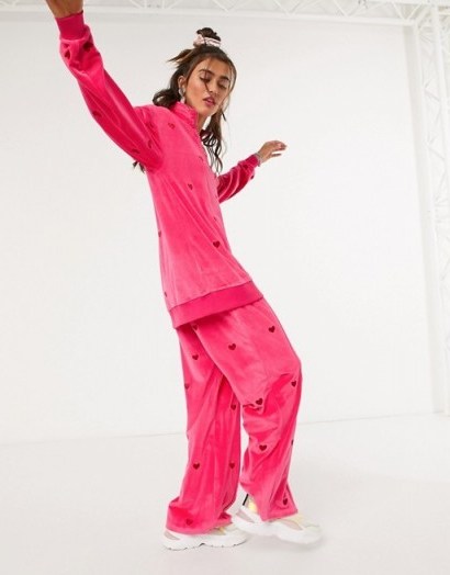 Lazy Oaf all over heart embroidered pink velour co-ord - flipped
