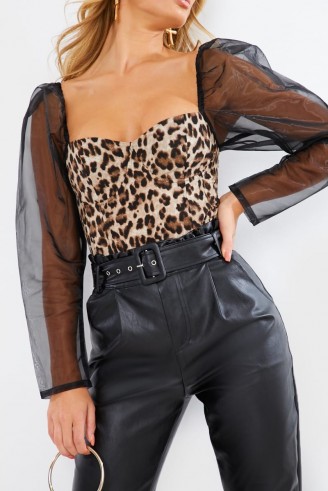 IN THE STYLE LEOPARD PRINT CORSET TULLE PUFF SLEEVE BODYSUIT