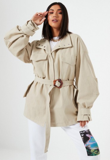 lissy roddy x missguided beige canvas buckle detail jacket – utilitarian outerwear