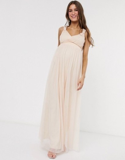 Little Mistress Maternity pleat plunge maxi dress dress in blush | pregnancy occasion wear - flipped