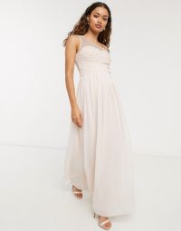 Little Mistress Petite one shoulder maxi dress with embellishment in blush