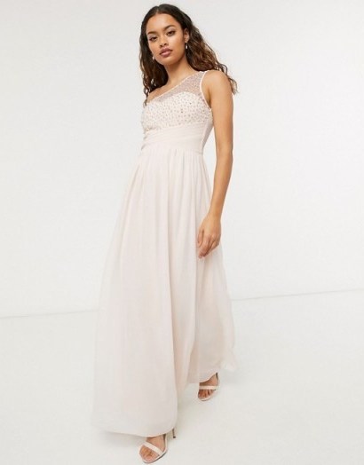 Little Mistress Petite one shoulder maxi dress with embellishment in blush - flipped
