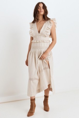 SPELL and the GYPSY COLLECTIVE LOLA FRILL MAXI DRESS in Biscuit | sleeveless ruffle trimmed dresses - flipped
