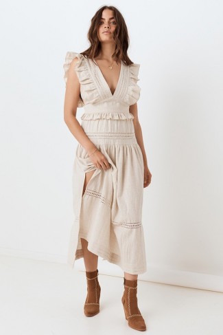 SPELL and the GYPSY COLLECTIVE LOLA FRILL MAXI DRESS in Biscuit | sleeveless ruffle trimmed dresses