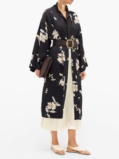 ETRO Malva floral-print satin coat in black | kimono look coats - flipped