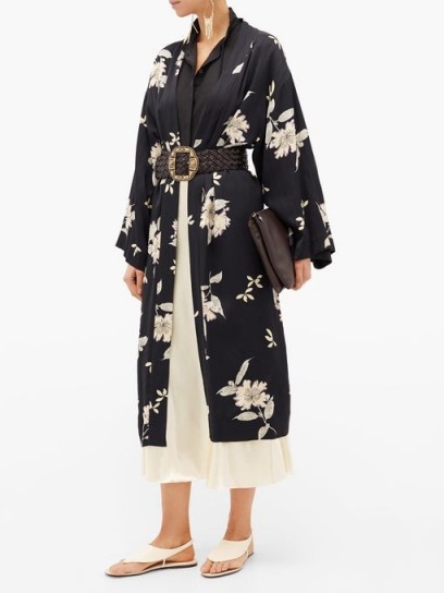 ETRO Malva floral-print satin coat in black | kimono look coats