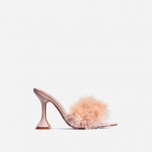 EGO Marilyn Faux Feather Pointed Toe Pyramid Heel Mule In Nude Faux