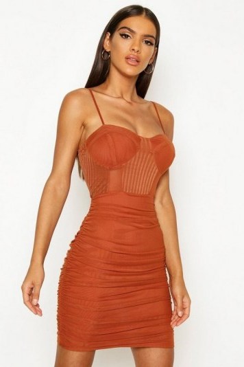 Boohoo Mesh Ruched Mini Dress Rust – strappy dresses - flipped