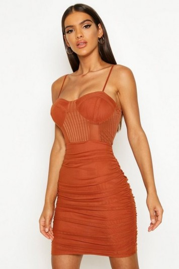 Boohoo Mesh Ruched Mini Dress Rust – strappy dresses