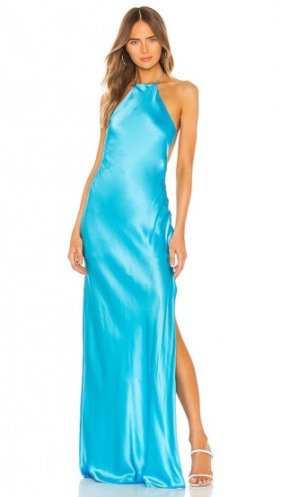 Michael Lo Sordo Halter Maxi Dress in Ice Blue – side slit evening dresses
