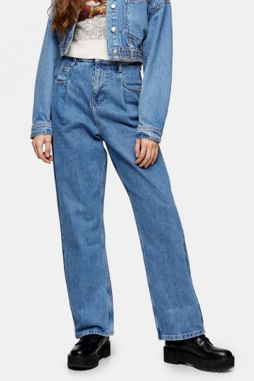 Topshop Mid Blue Pleat Dad Jeans