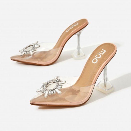 EGO Midnight Diamante Detail Perspex Clear Heel Mule In Nude Patent – going out heels - flipped