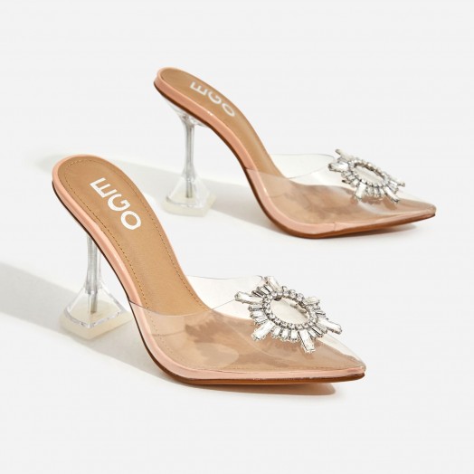 EGO Midnight Diamante Detail Perspex Clear Heel Mule In Nude Patent – going out heels