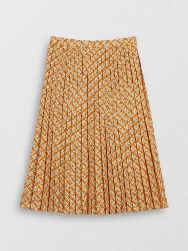 Burberry Monogram Print Crepe De Chine Pleated Skirt Bright Orange | classic design skirts - flipped