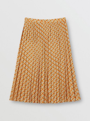 Burberry Monogram Print Crepe De Chine Pleated Skirt Bright Orange | classic design skirts