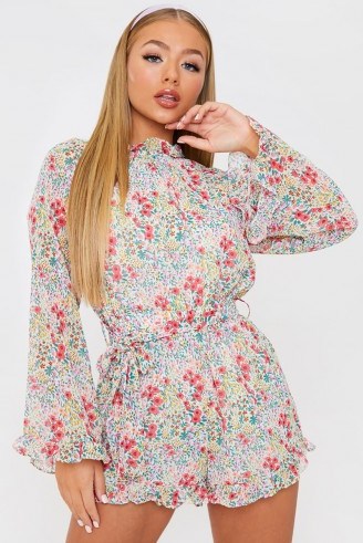 IN THE STYLE MULTI FLORAL TIE WAIST PLAYSUIT – high neck frill trimmed playsuits - flipped