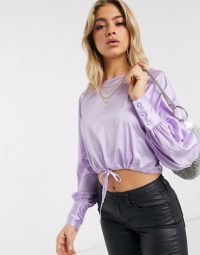 NA-KD round neck satin top with drawstring waist in lilac – blouson sleeved crop tops