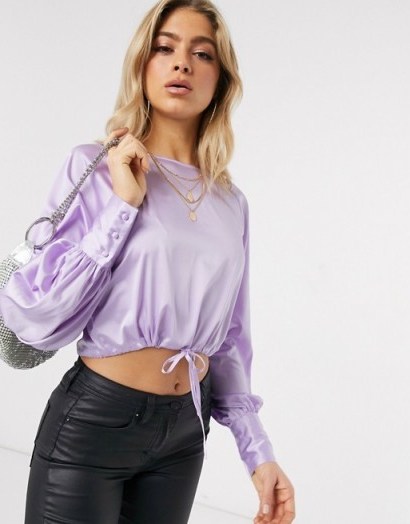 NA-KD round neck satin top with drawstring waist in lilac – blouson sleeved crop tops - flipped