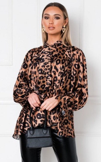 Ikrush Nancy Tie Front Leopard Print Blouse – pussy bow blouses - flipped