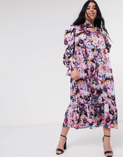 Never Fully Dressed Plus long sleeve fluted sleeve maxi dress in pink floral print - flipped