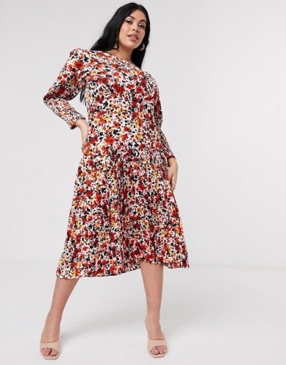 Never Fully Dressed Plus long sleeve pleated skirt maxi dress in orange floral print - flipped