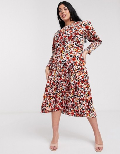 Never Fully Dressed Plus long sleeve pleated skirt maxi dress in orange floral print