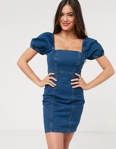 New Look puff sleeve denim mini dress in mid blue - flipped