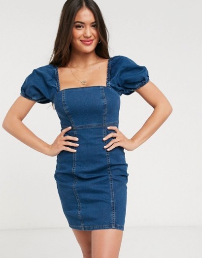 New Look puff sleeve denim mini dress in mid blue