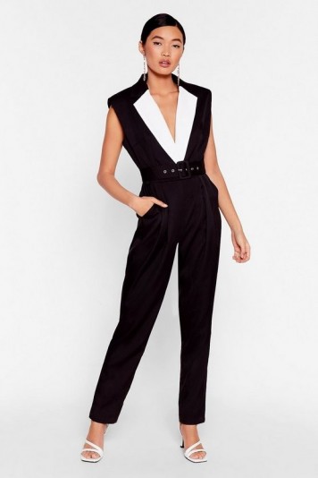 NASTY GAL No Tux Given Monochrome Belted Jumpsuit in Black – evening jumpsuits