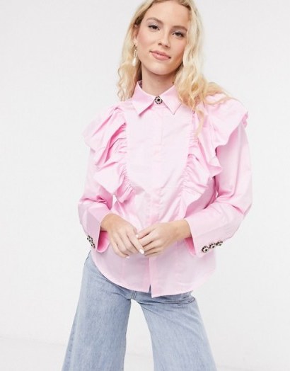 Notes Du Nord oakley ruffle shirt in soft pink – statement ruffles - flipped