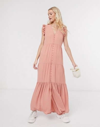 Notes Du Nord orchid recycled polyester maxi dress with button front and frill sleeve in pink - flipped