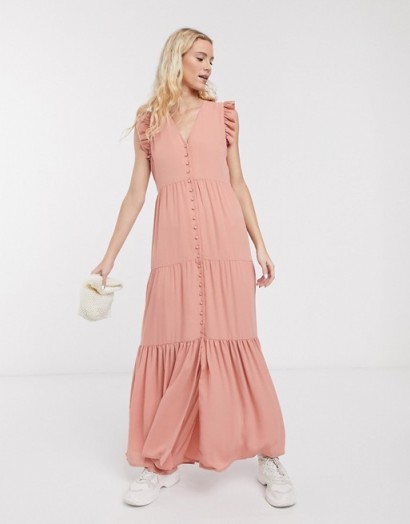 Notes Du Nord orchid recycled polyester maxi dress with button front and frill sleeve in pink