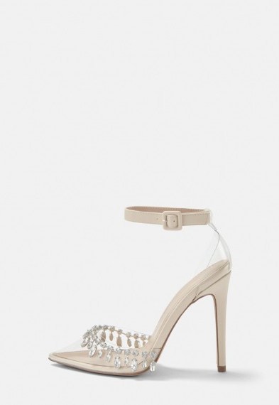 MISSGUIDED nude clear front diamante court heels – ankle strap courts - flipped