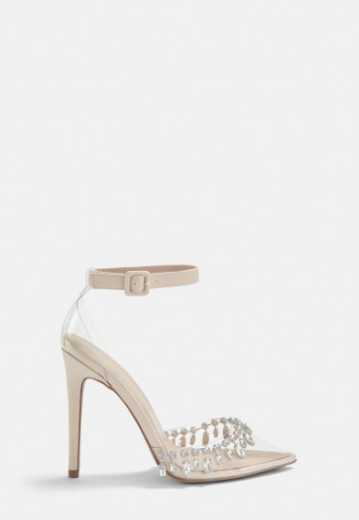 MISSGUIDED nude clear front diamante court heels – ankle strap courts