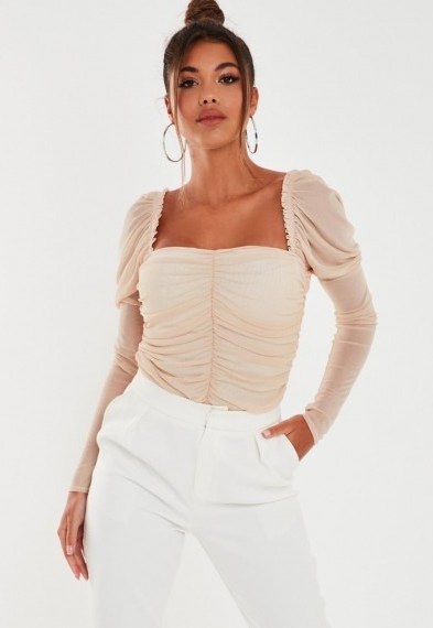 MISSGUIDED nude mesh sweetheart ruched bodysuit - flipped
