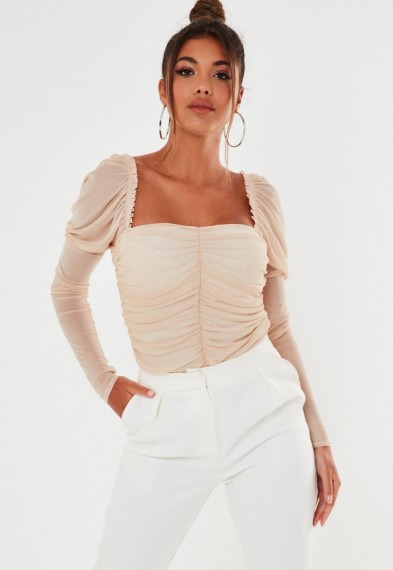 MISSGUIDED nude mesh sweetheart ruched bodysuit