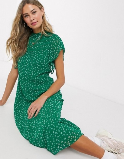Oasis floral print midi dress in green / high necklines / frilly flutter sleeves