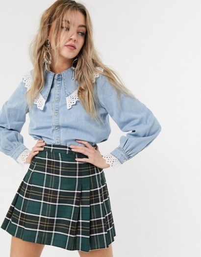 Object broderie detail denim shirt with oversized collar in blue - flipped