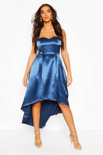 Boohoo Occasion Bandeau Satin Midi Skater Dress Navy – blue party dresses – strapless fit and flare - flipped