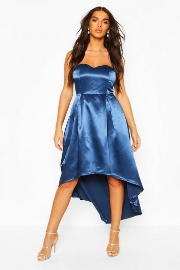 Boohoo Occasion Bandeau Satin Midi Skater Dress Navy – blue party dresses – strapless fit and flare