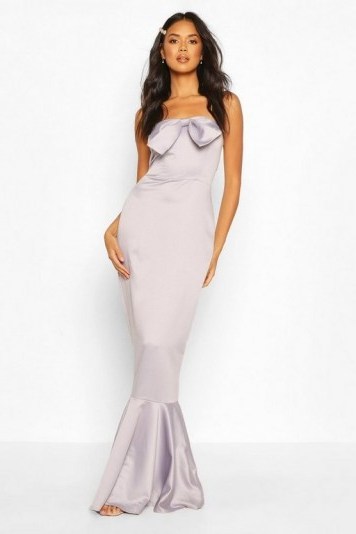 boohoo Occasion Satin Bow Front Fishtail Maxi Dress in grey - flipped