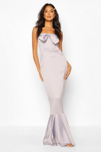 boohoo Occasion Satin Bow Front Fishtail Maxi Dress in grey