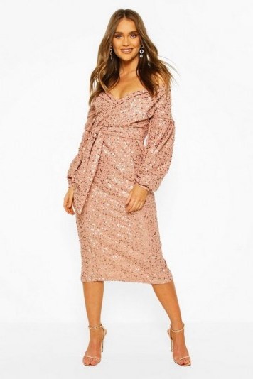 boohoo Occasion Sequin Off The Shoulder Midi Dress in blush - flipped