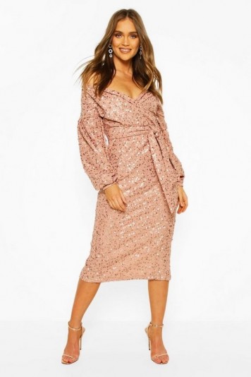 boohoo Occasion Sequin Off The Shoulder Midi Dress in blush